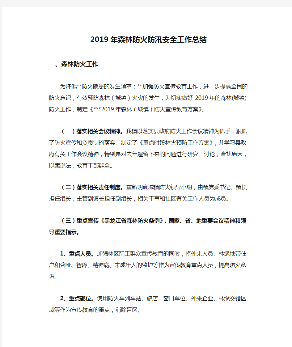 2019年森林防火防汛安全工作总结