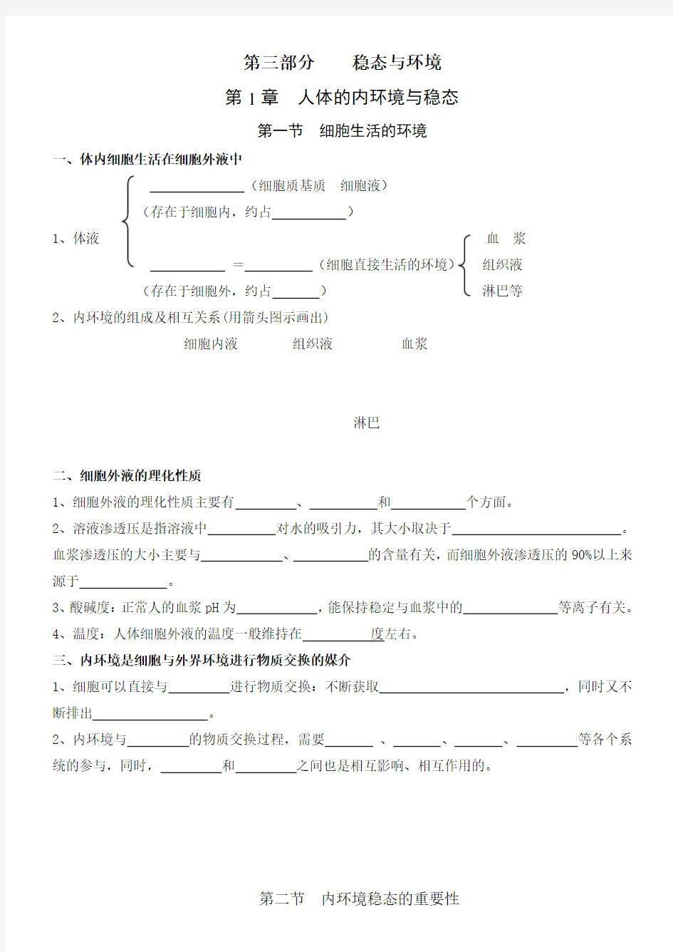 高中生物必修三知识点清单填空