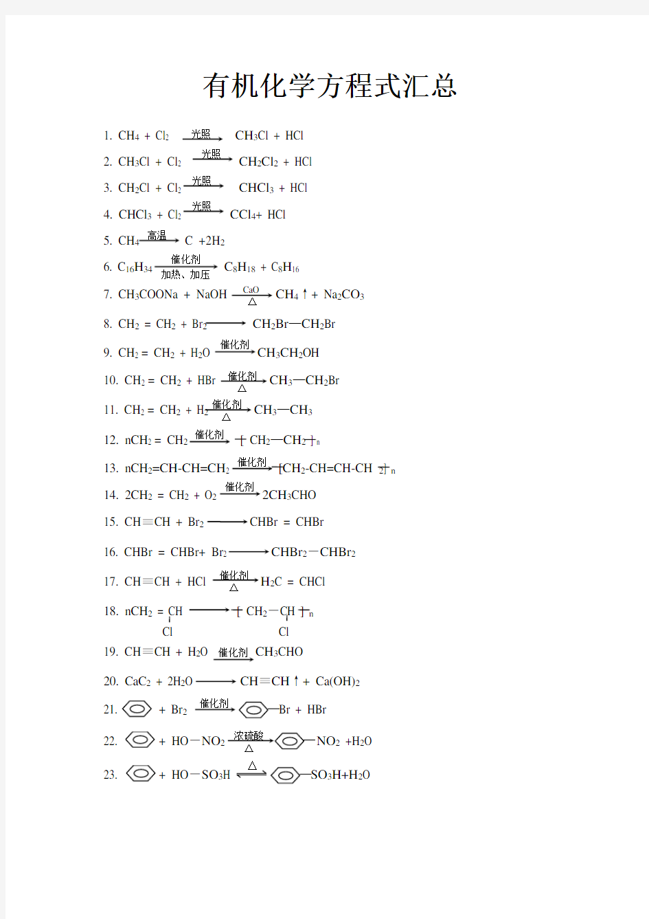 有机化学常用反应方程式汇总