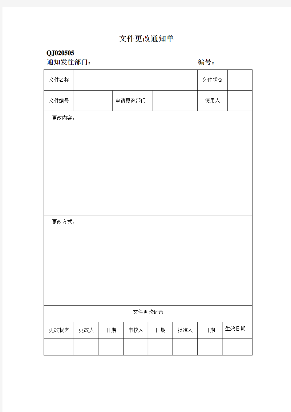 质量体系文件更改通知单