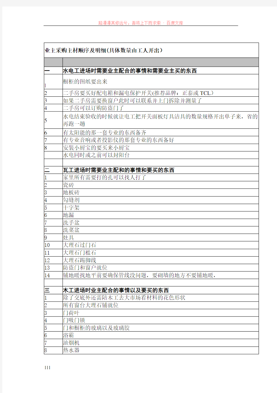 装修业主采购主材顺序及明细