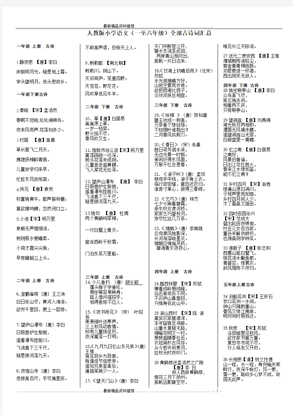 最新人教版小学语文(一至六年级)全部古诗词汇总