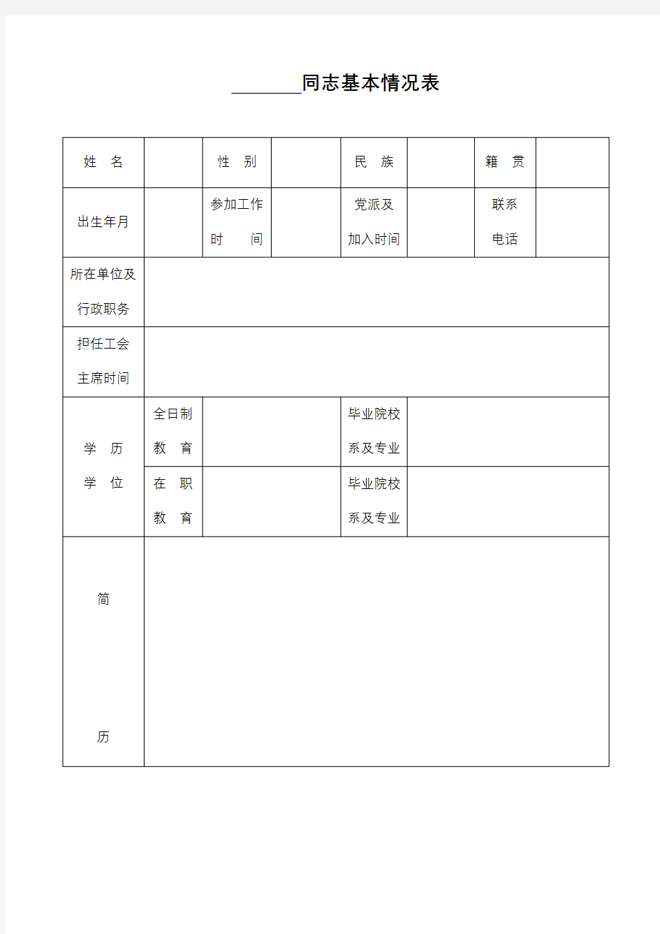 同志基本情况表【模板】