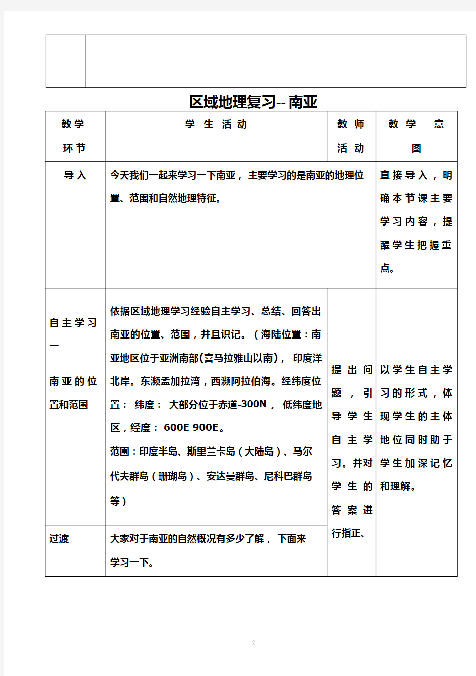 高中地理《区域地理复习---南亚》优质课教案、教学设计