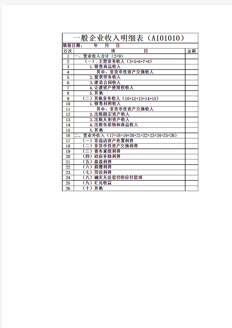 一般企业收入明细表