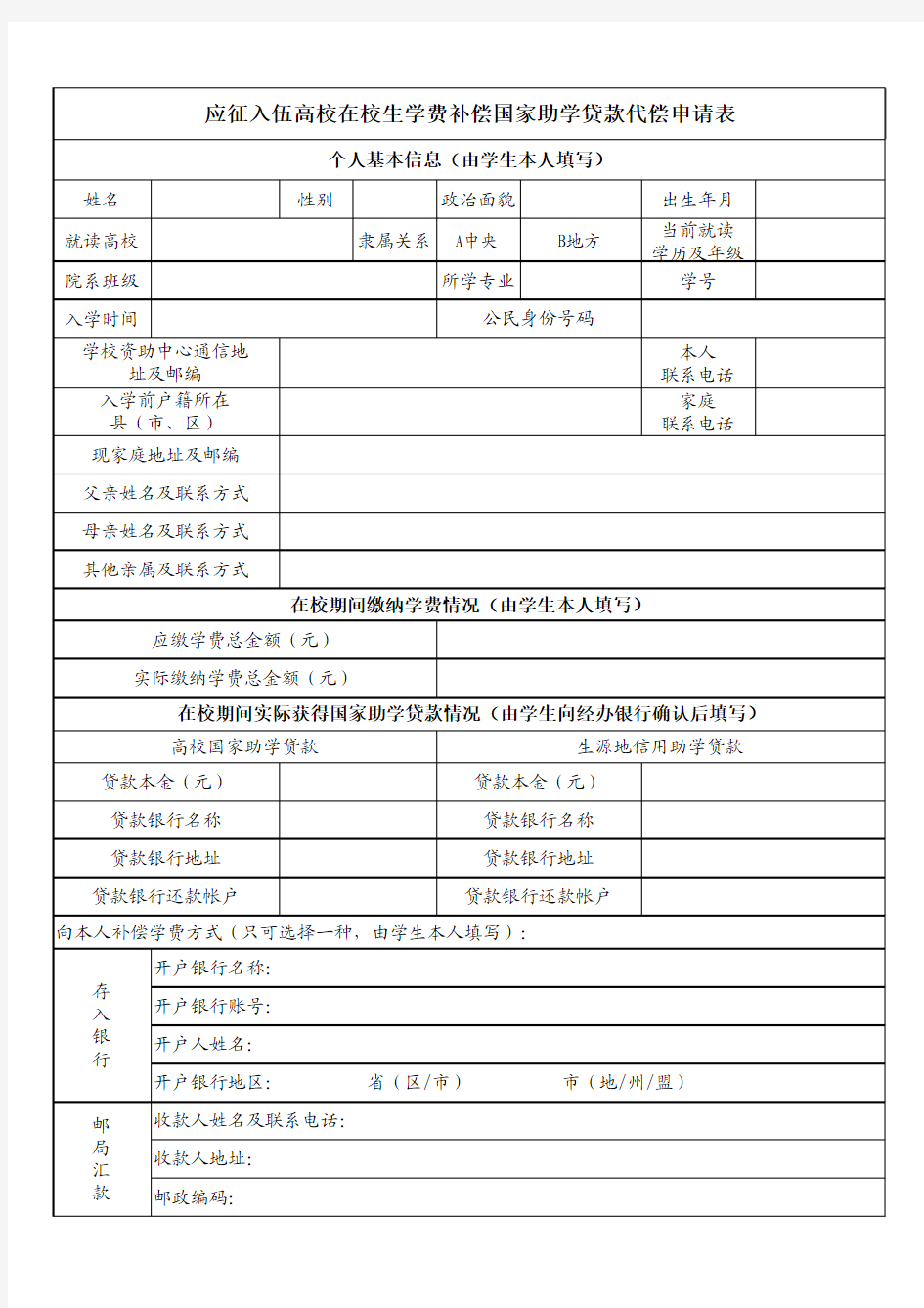 大学生入伍学费补偿申请表