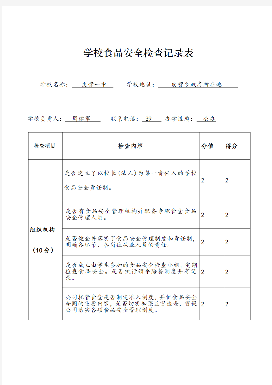 学校食品安全检查记录表