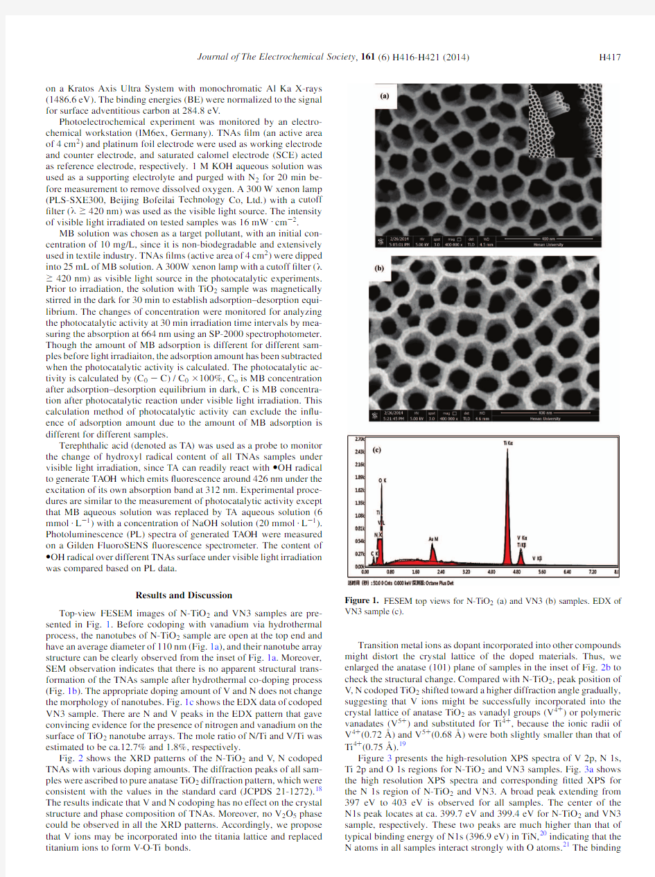 Photocatalytic Activity of V and N Codoped TiO2 Nanotube Array Films