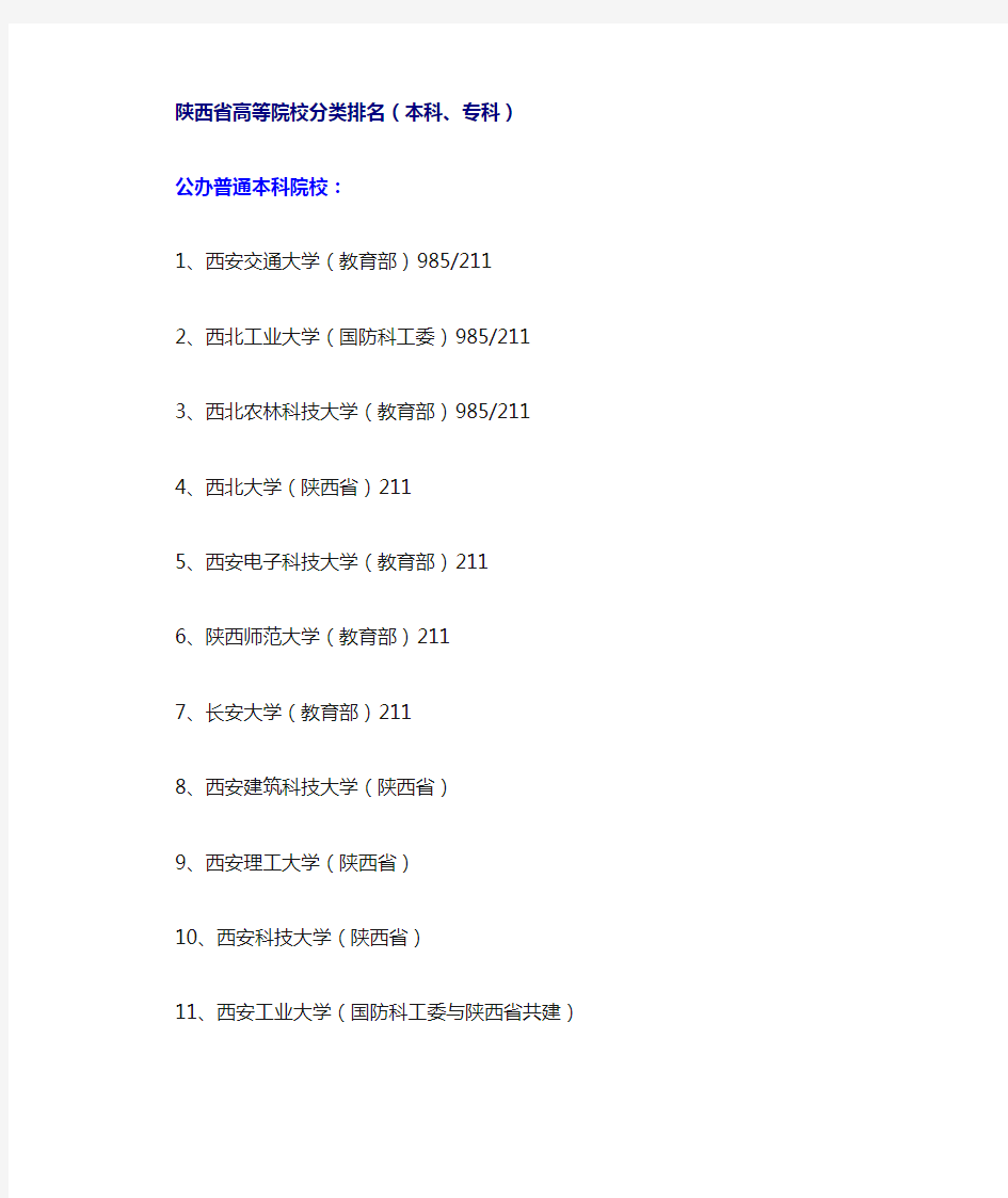 陕西省高等院校分类排名