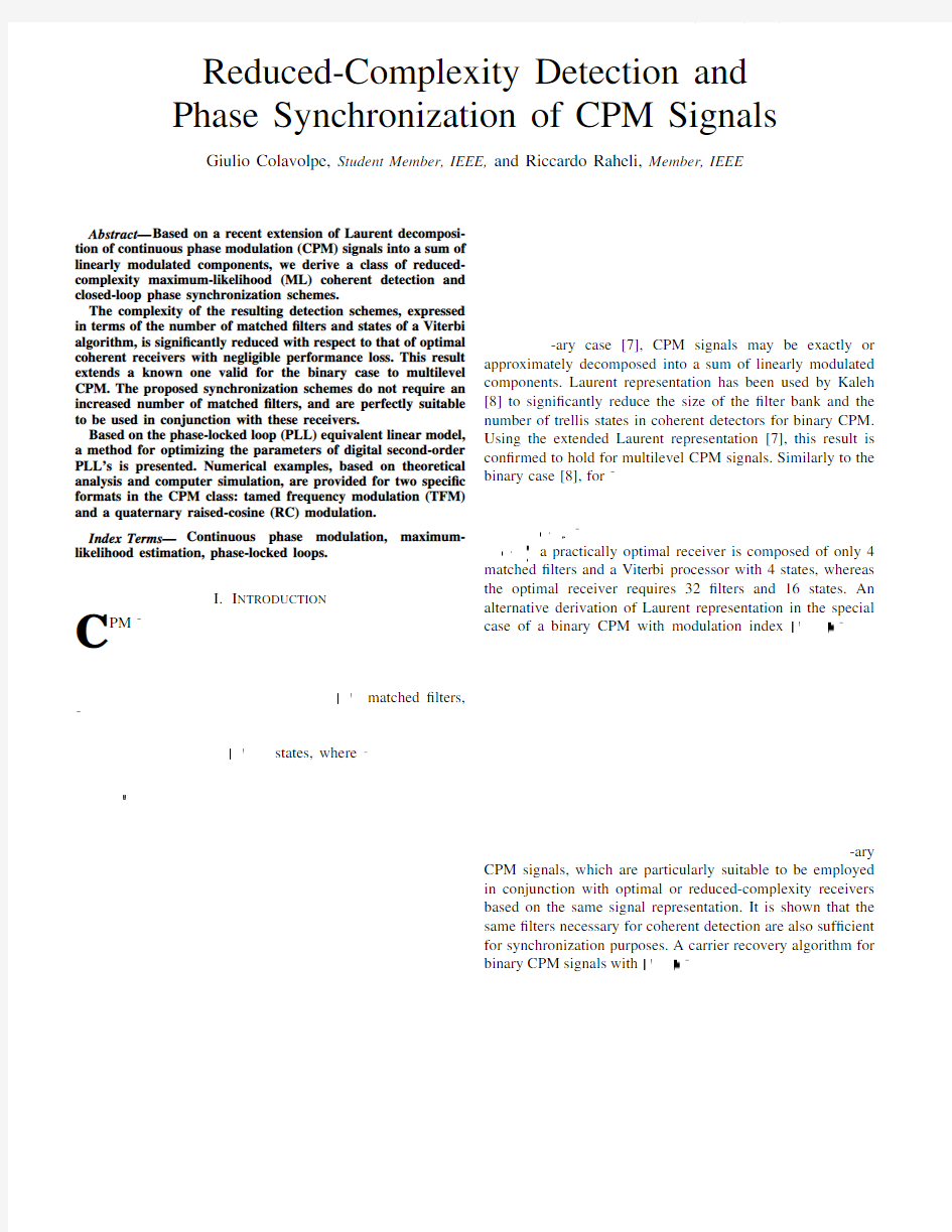 Reduced-complexity detection and phase synchronization of CPM signals