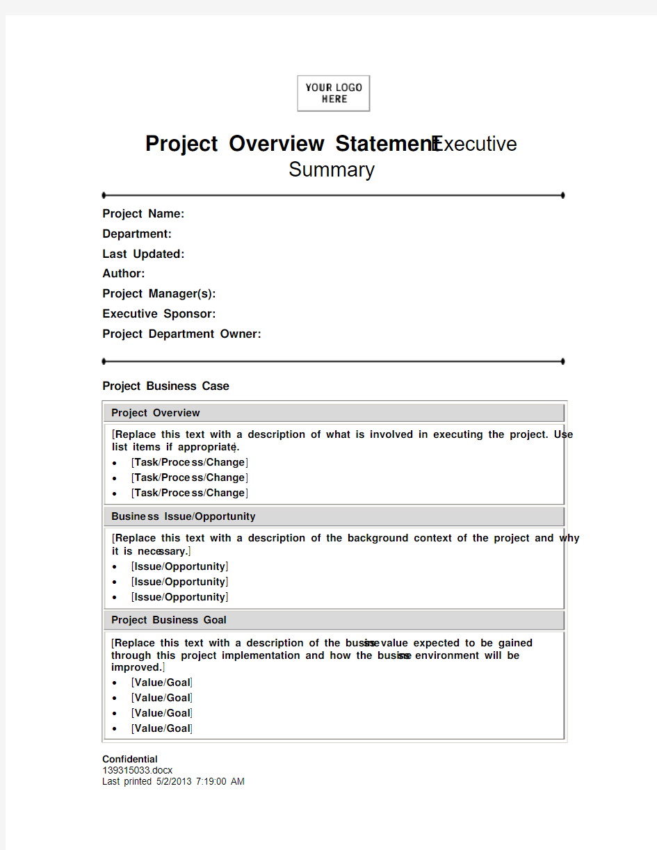 Project Overview Statement               Executive Summary