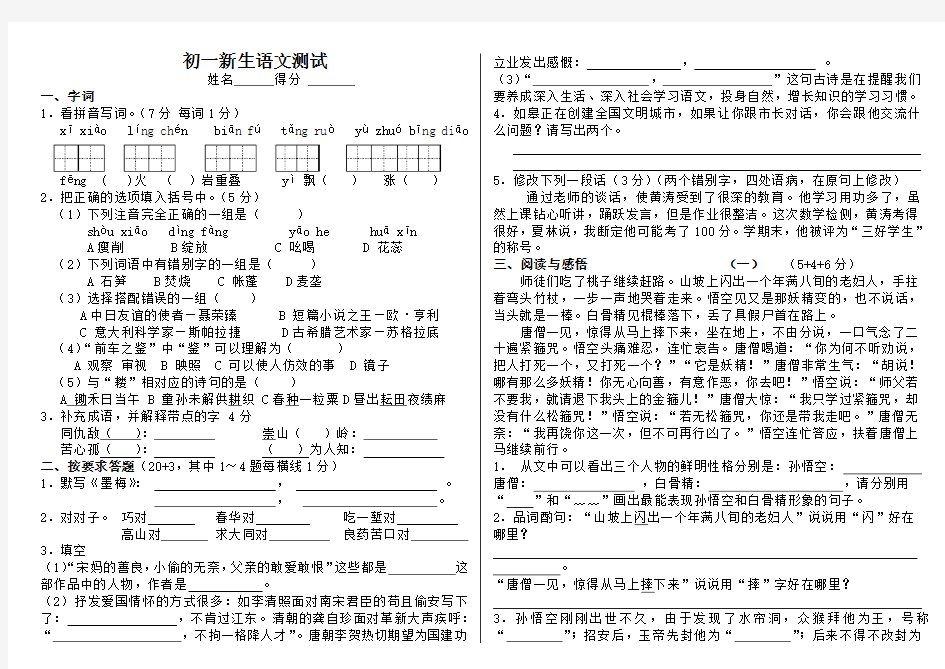 初一新生语文分班试卷及答案(打印版)