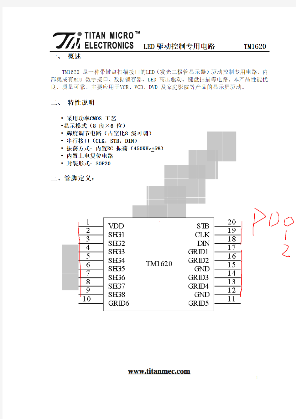 数码管驱动芯片TM1620中文资料