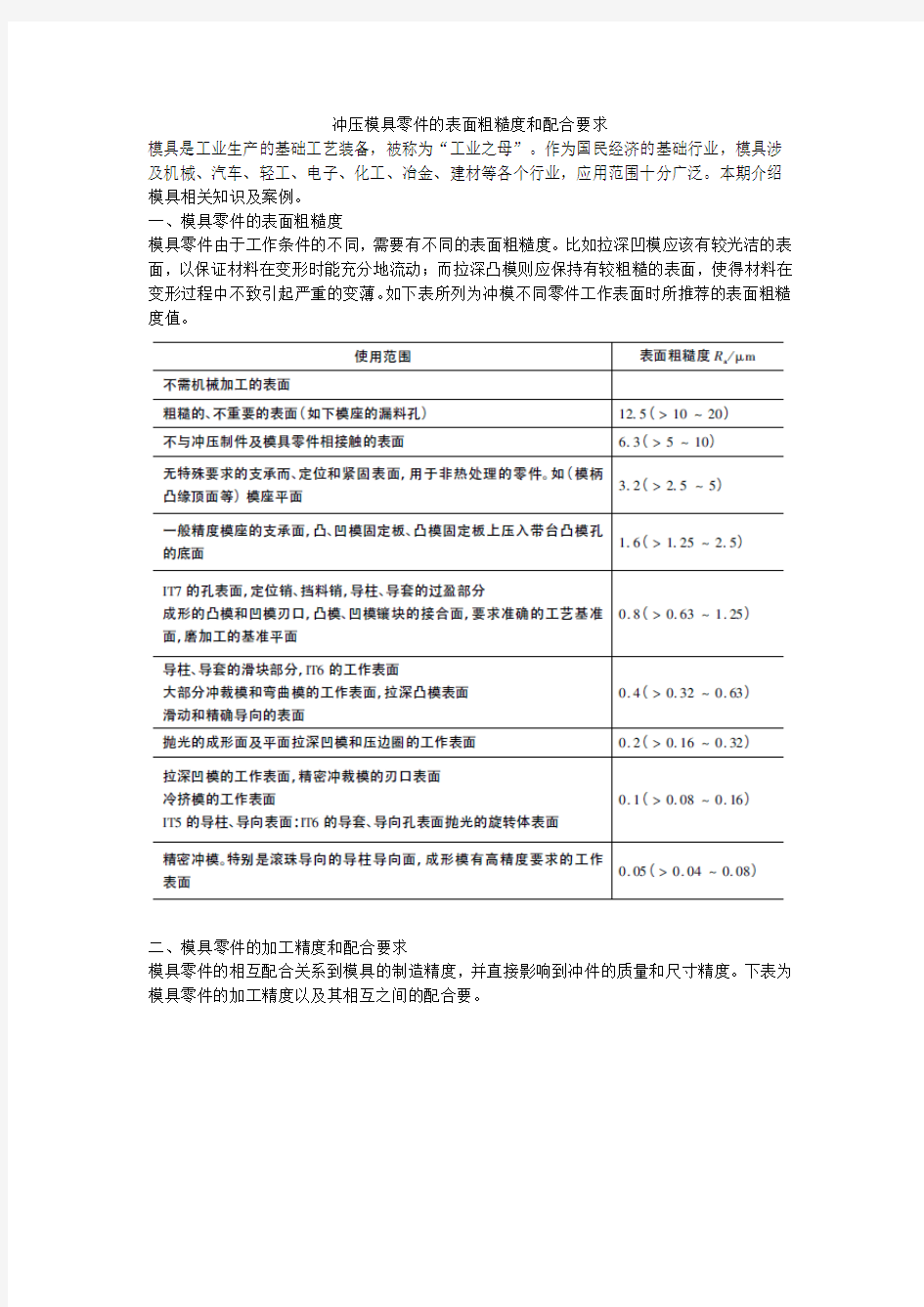 模具零件表面的粗糙度和配合要求