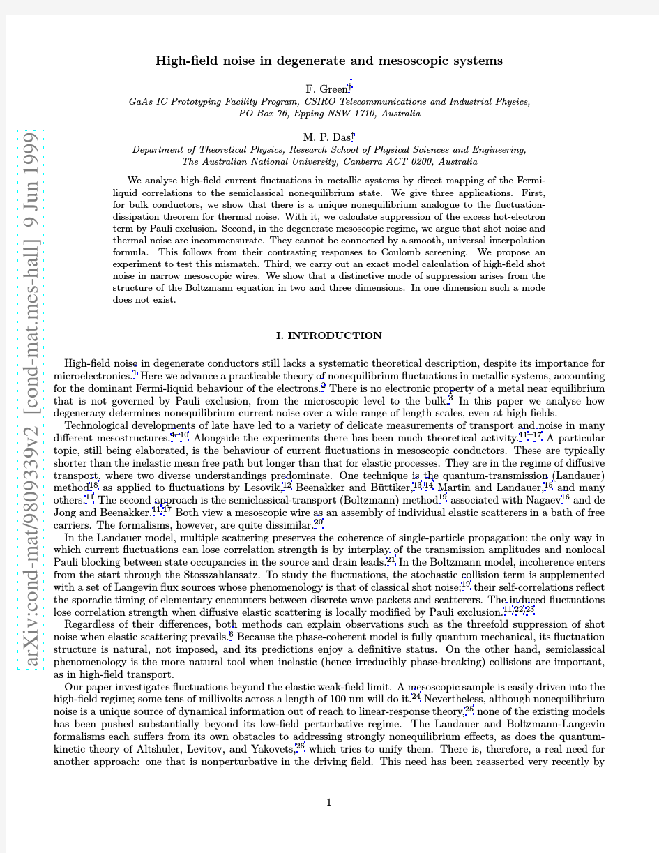 High-field noise in degenerate and mesoscopic systems