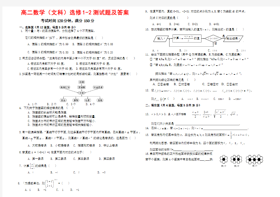 高二文科数学选修1-2测试题及答案