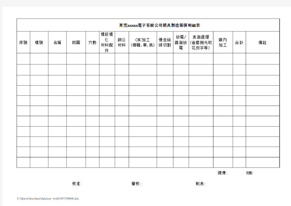 模具制造报价明细表