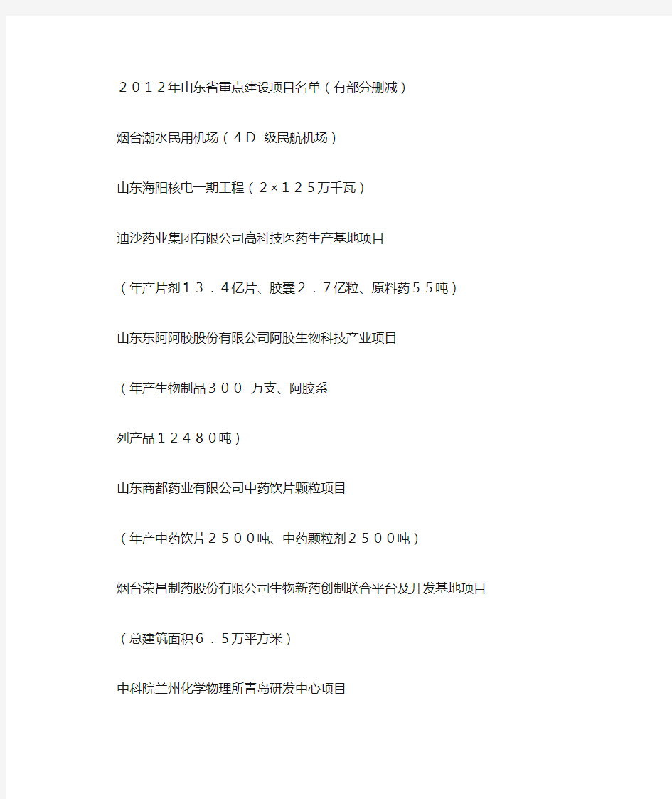 2012年山东省重点建设项目名单