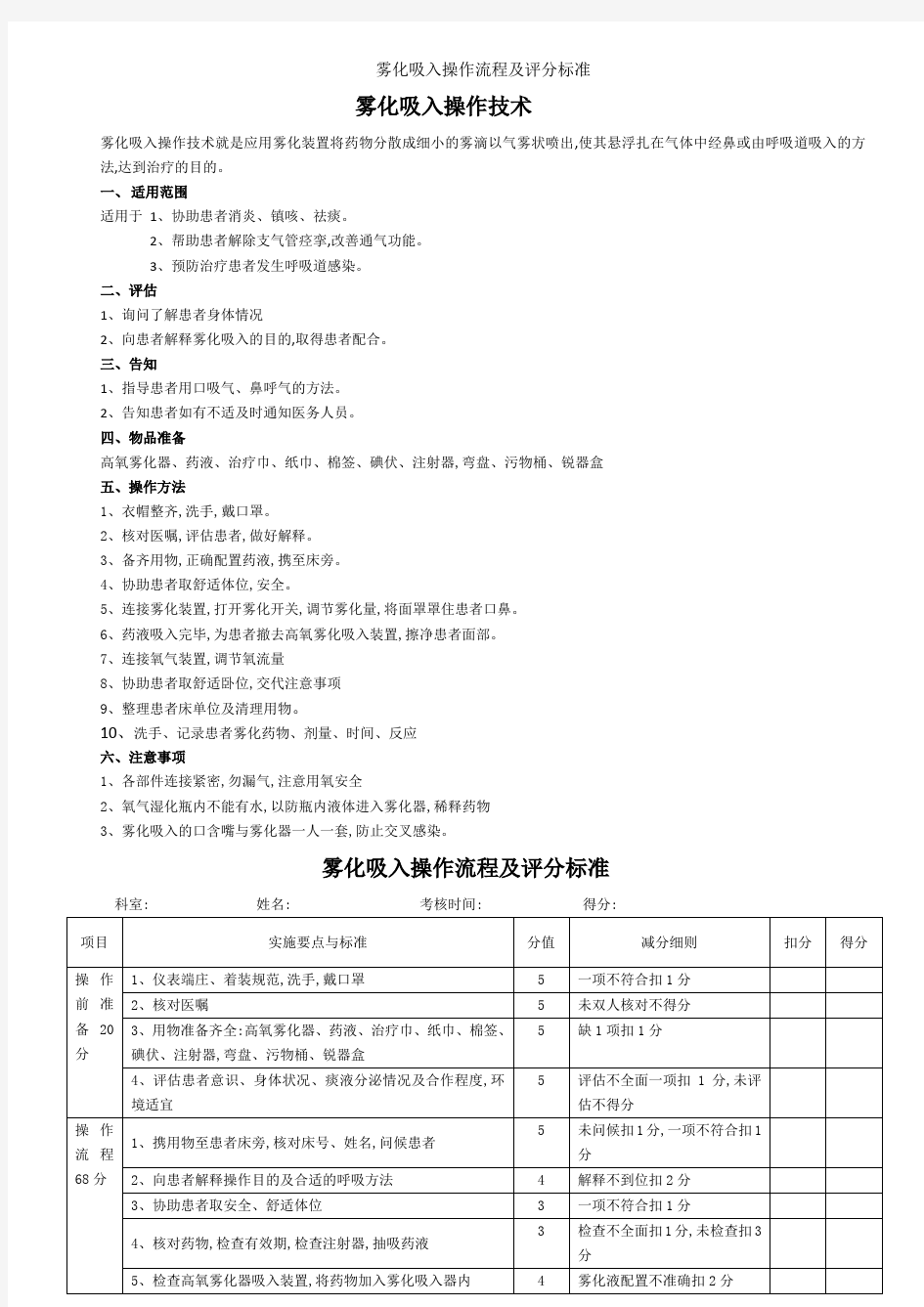 雾化吸入操作流程及评分标准