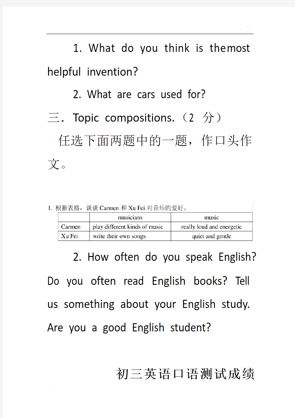 初三英语口语测试试题100篇汇集  考试必备