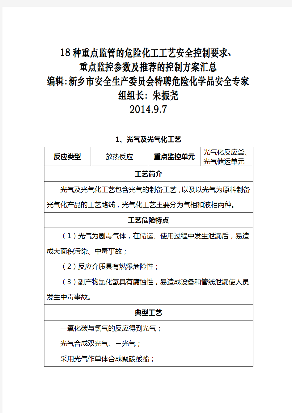 18种重点危险化学品生产工艺典型反应及安全控制条件汇总