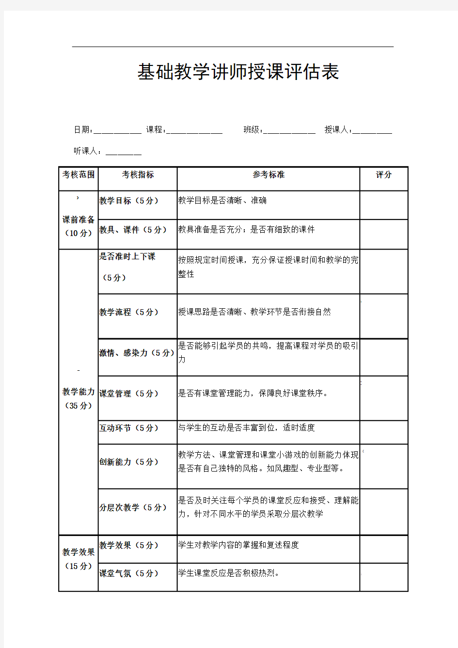 教师授课评估表