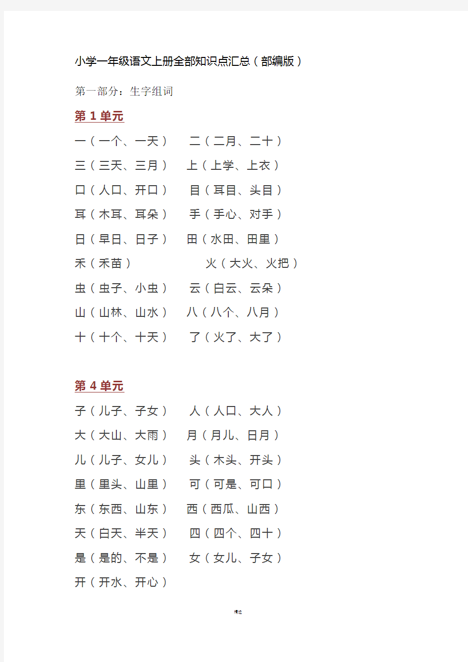 2018年小学一年级语文全部知识点汇总