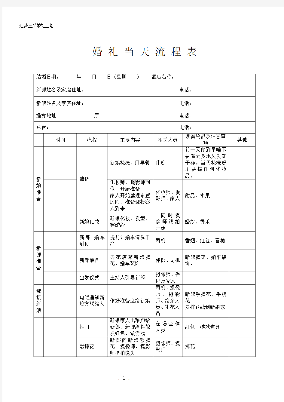 最新最全婚礼当天流程表(详细版)