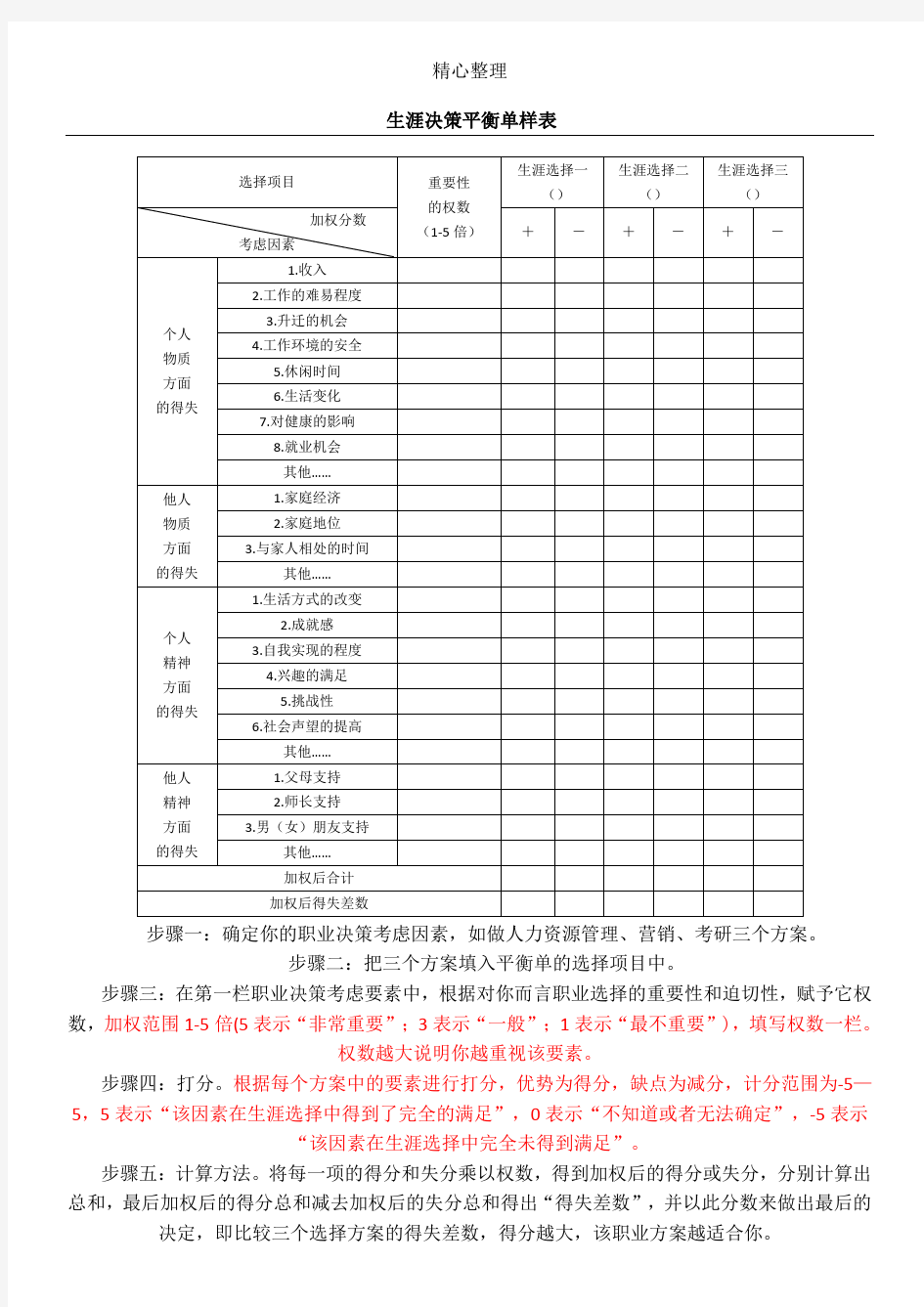 (完整版)生涯决策平衡单样表格模板