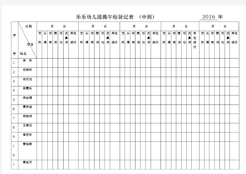 幼儿园晨检登记表