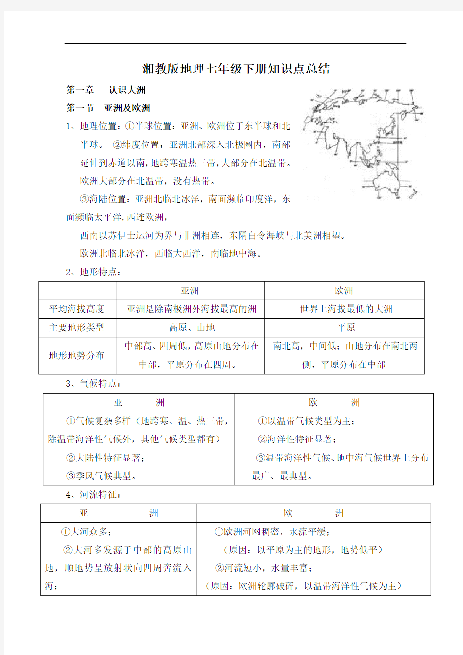 湘教版地理七年级下册 知识点总结