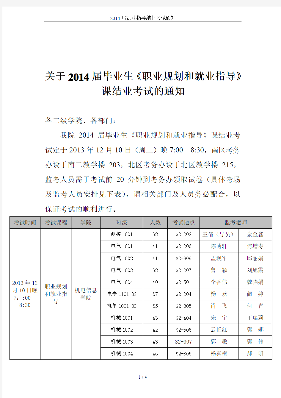 2014届就业指导结业考试通知