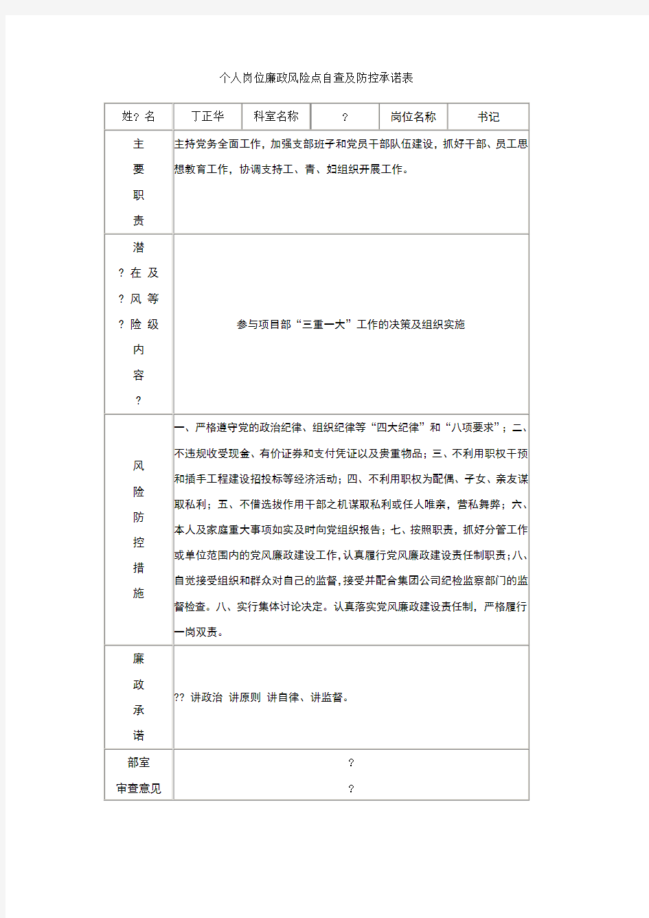 个人岗位廉政风险点自查及防控承诺表