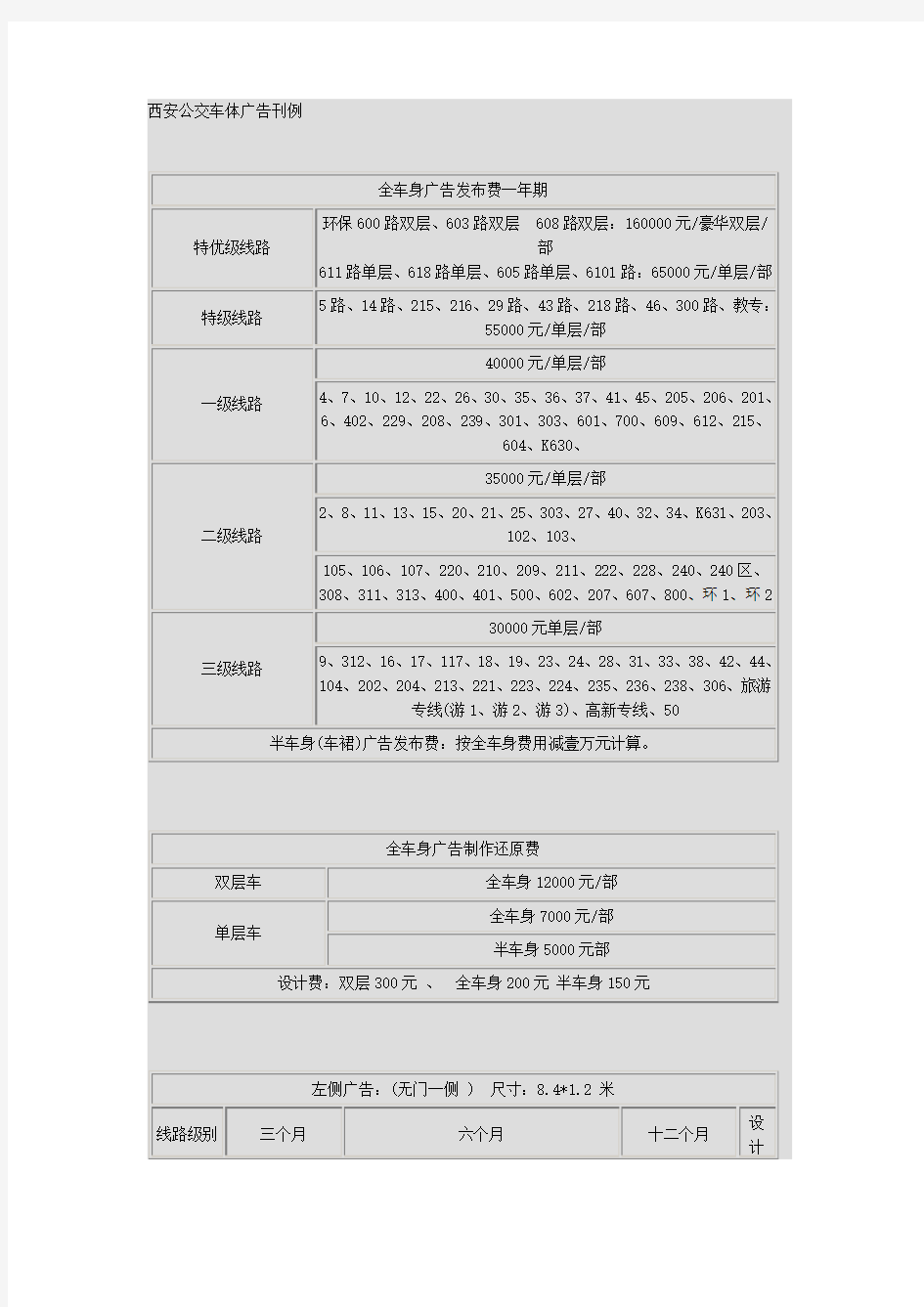 西安公交车体广告刊例