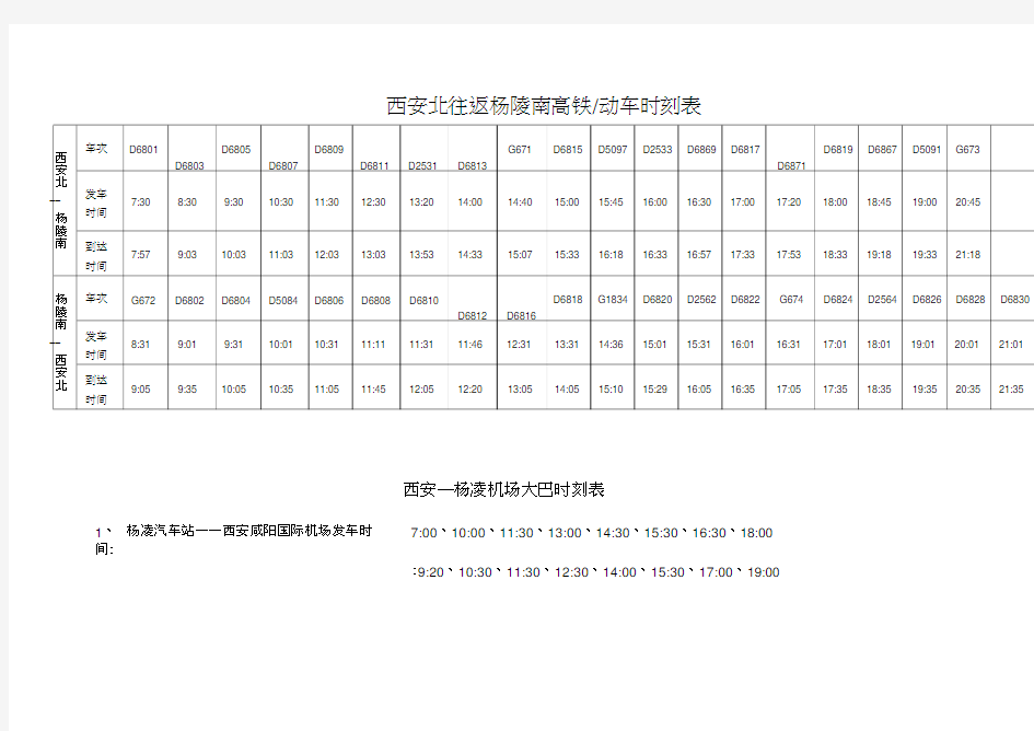 西安北往返杨陵南高铁动车时刻表