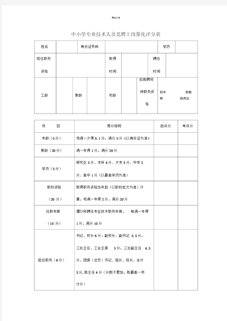 专业技术人员竞聘上岗量化评分表