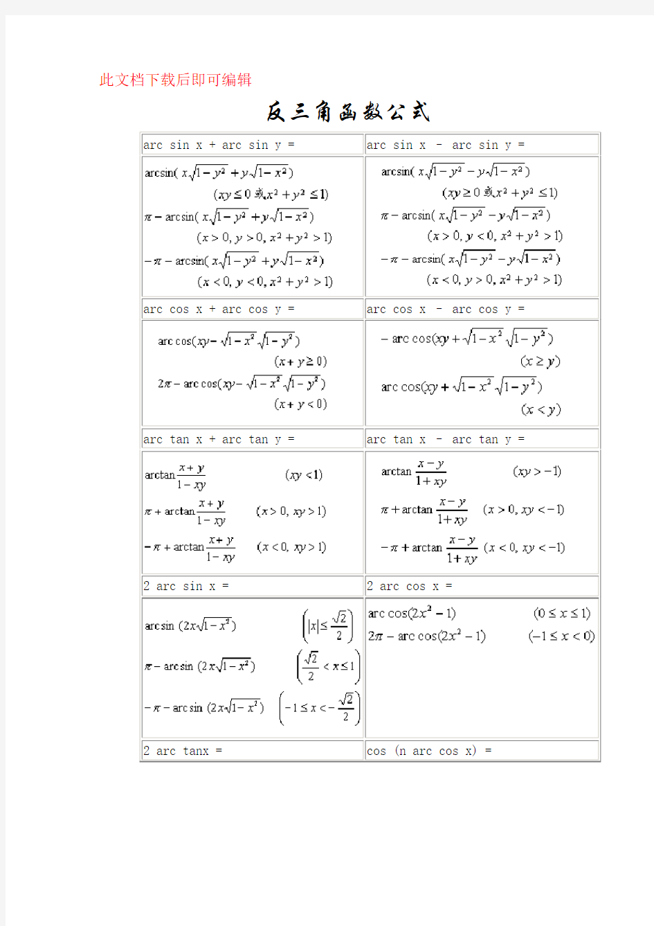 常用反三角函数公式表(完整资料).doc