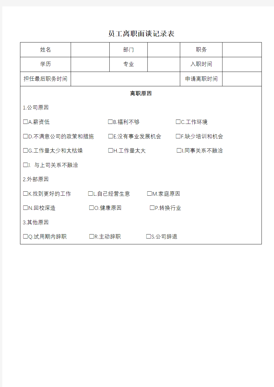 员工离职面谈记录表范例