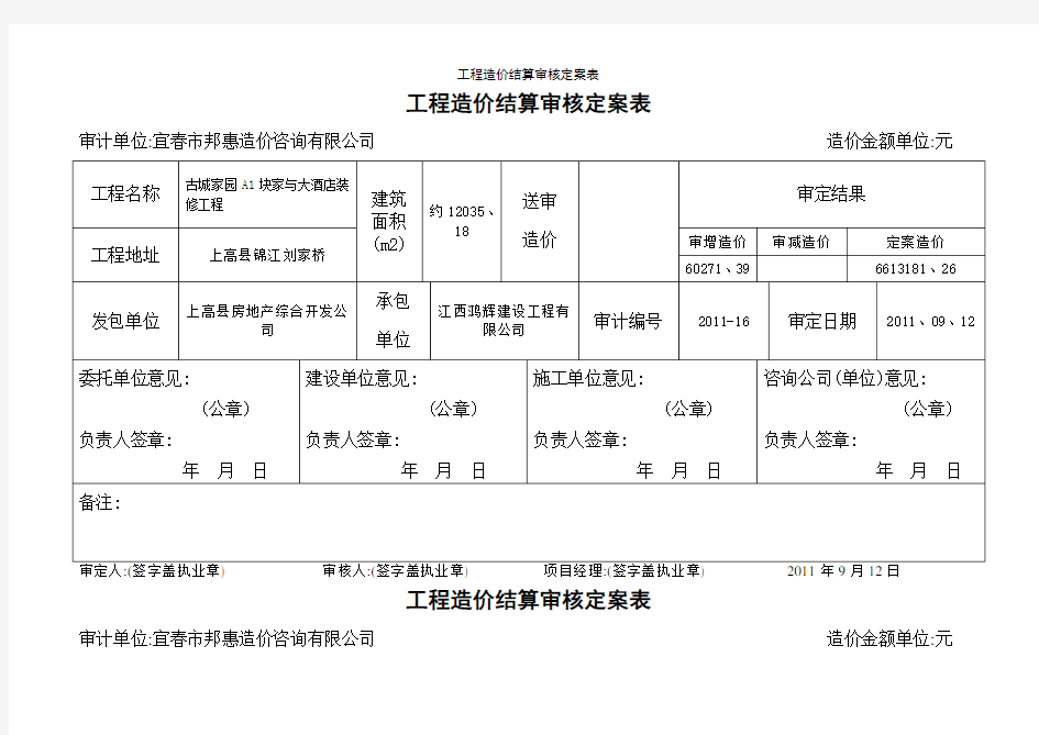 工程造价结算审核定案表