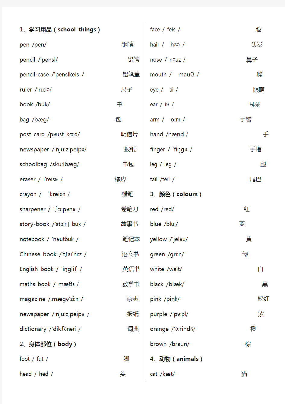 小学英语单词(方便背诵版)