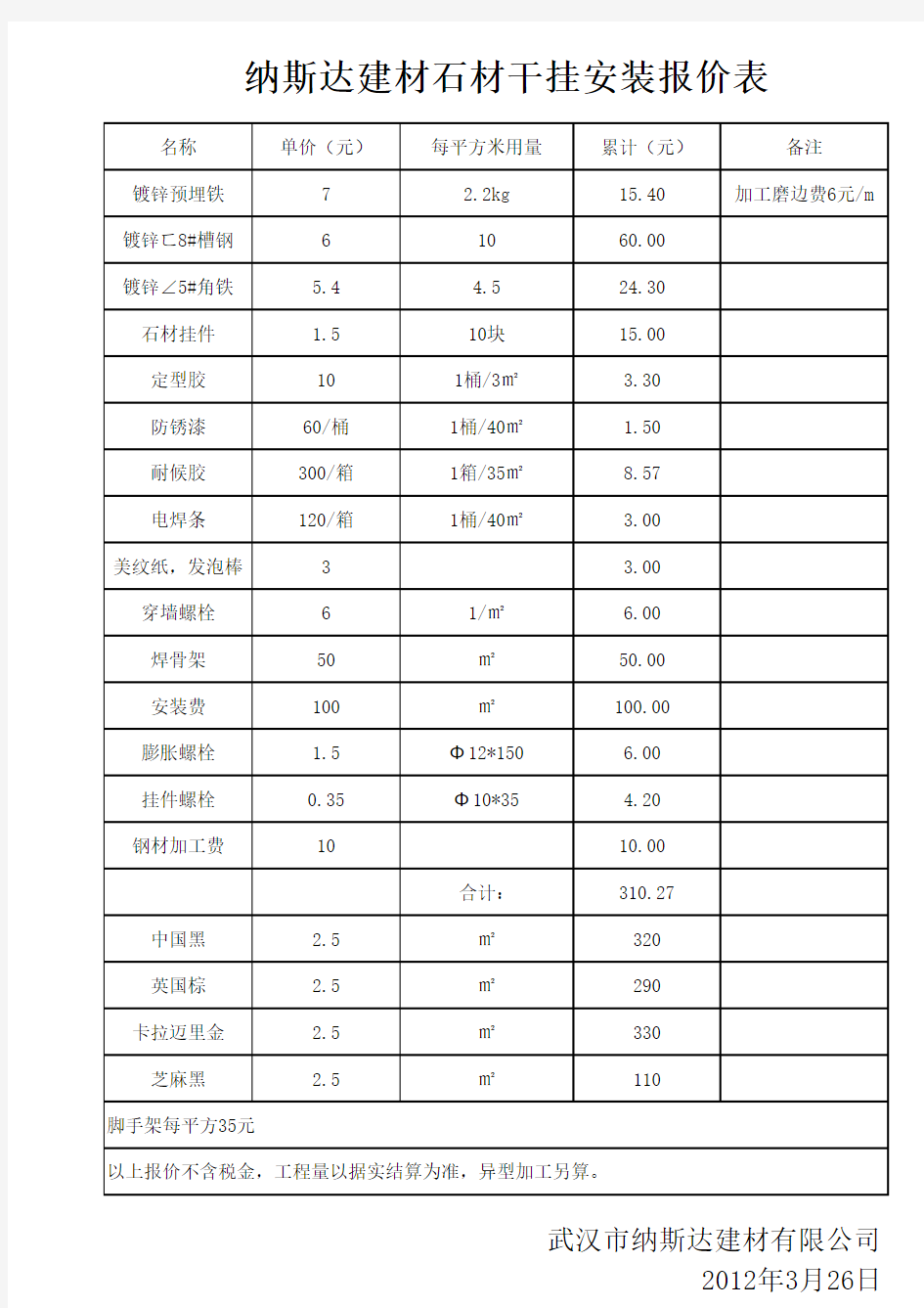 干挂石材报价表4