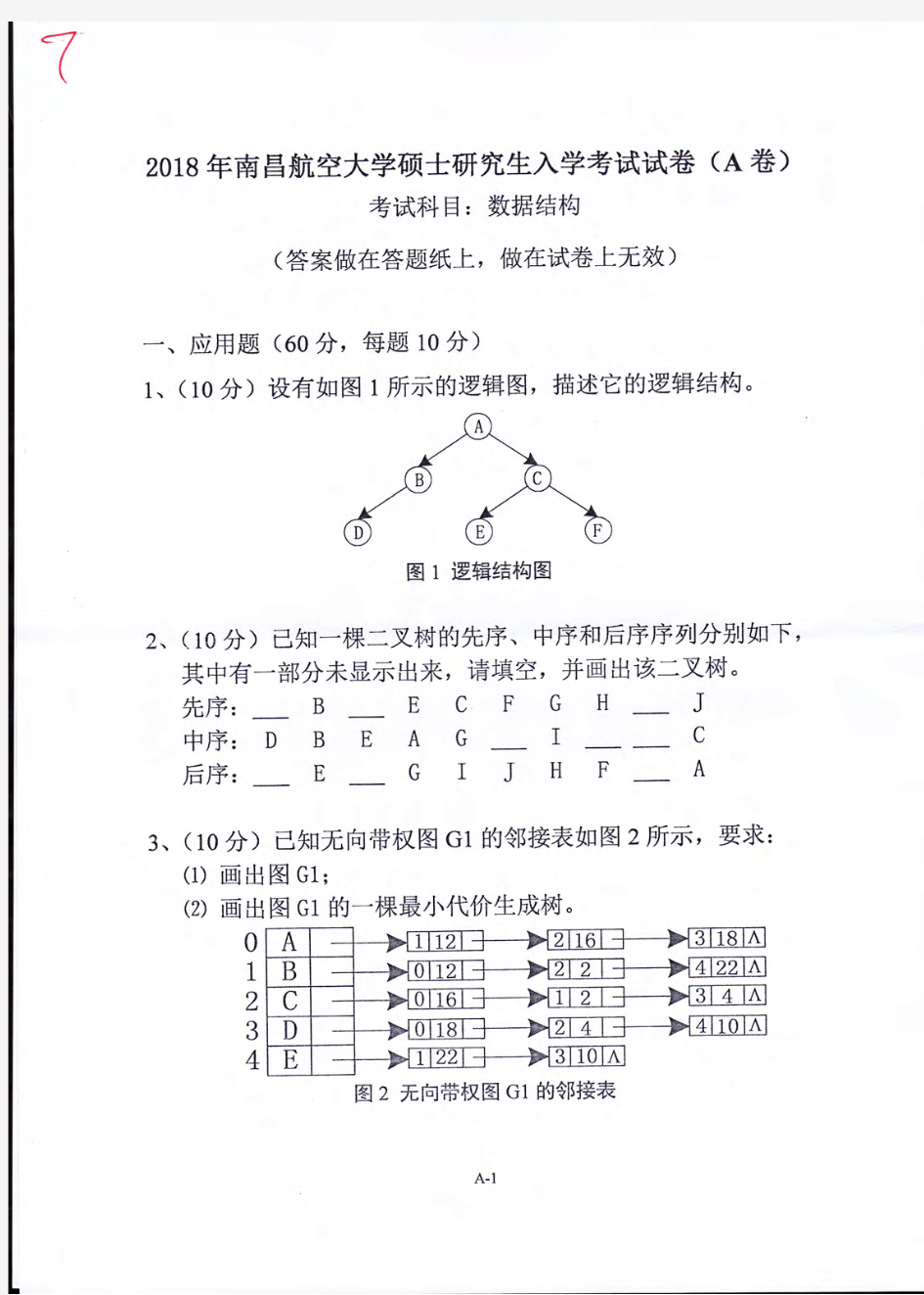 南昌航空大学数据结构2018,2019年考研真题