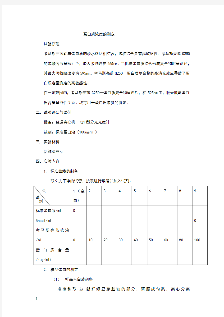 蛋白质浓度的测定实验报告