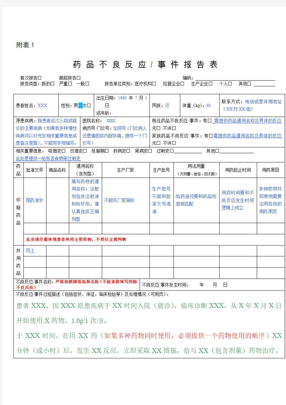 药品不良反应报告表(示范模板)