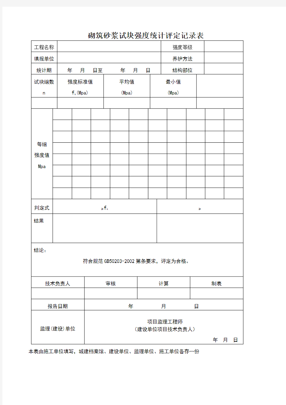 砌筑砂浆试块强度统计评定记录表