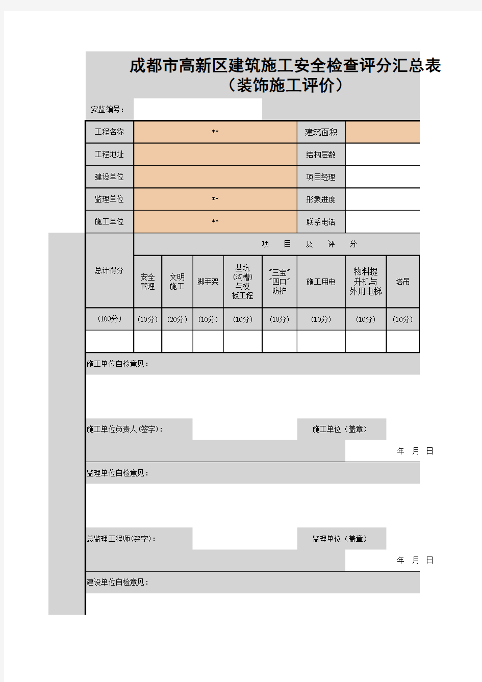 成都市建筑施工安全检查考评表(装饰施工评价)[新]