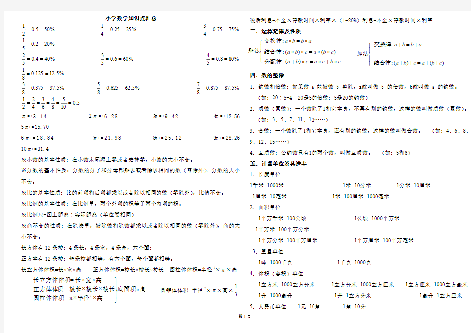 小学数学必记的知识点