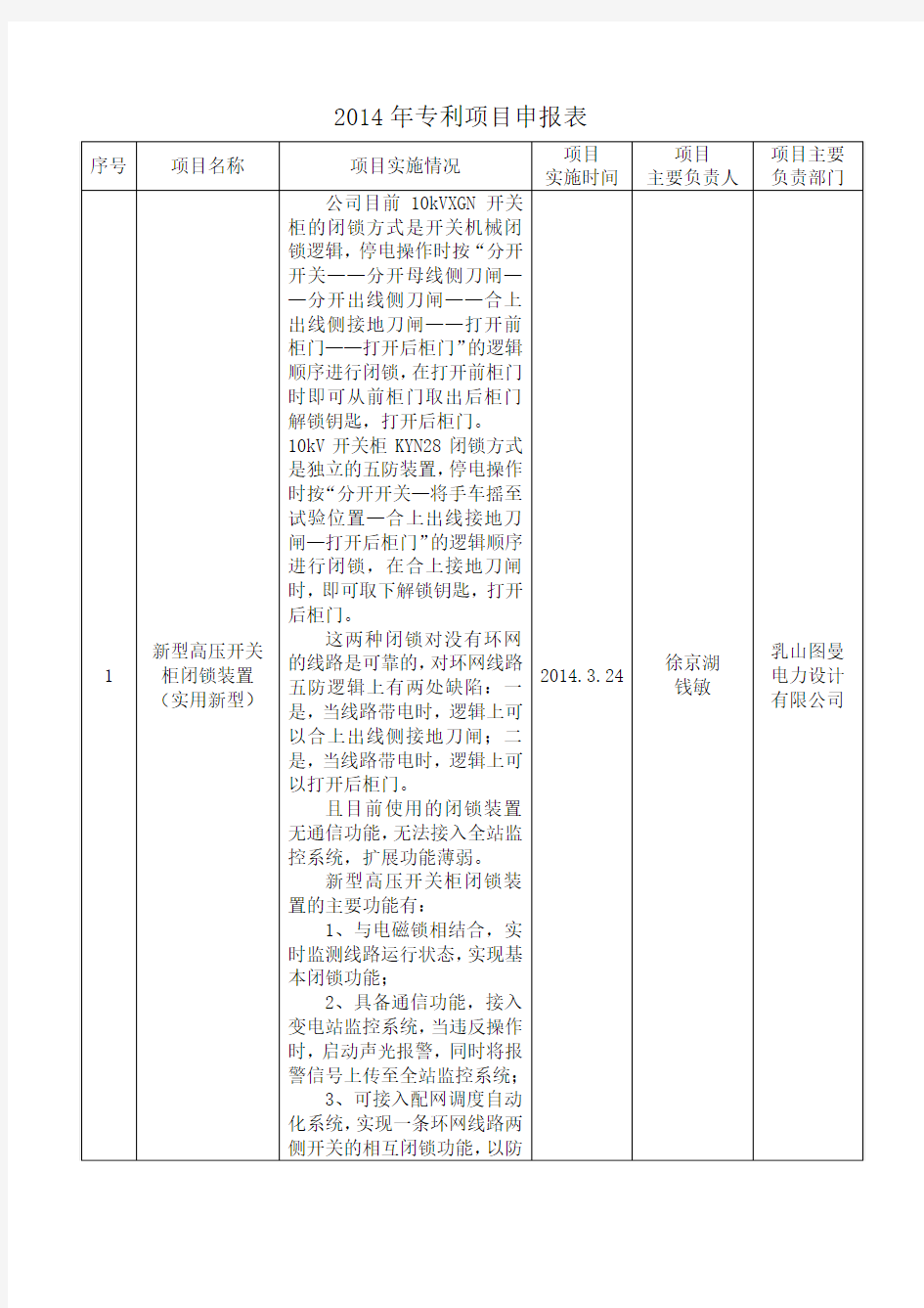 2014年专利项目申报表(新型高压开关柜闭锁装置)