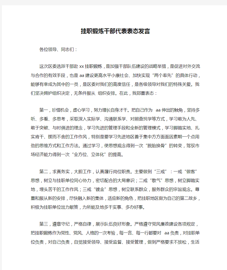 挂职锻炼干部代表表态发言