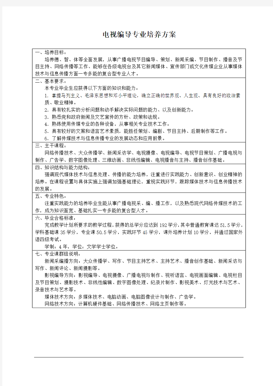 电视编导专业培养方案